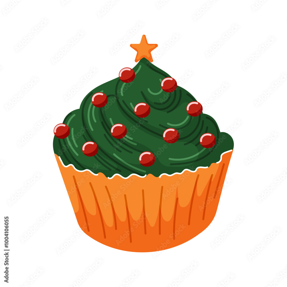 Festive cupcake decorated like a Christmas tree with green frosting, red ball and a star on top. Perfect for holiday themed design, card, and bakery promotions. Cartoon. Festive cupcake decorated like a Christmas tree with green frosting, red ball and a star on top. Perfect for holiday themed design, card, and bakery promotions. Cartoon.