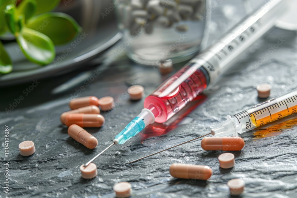 Medical scene with two syringes lying on a slate tabletop with pills and a green plant out of focus in the background Medical scene with two syringes lying on a slate tabletop with pills and a green plant out of focus in the background