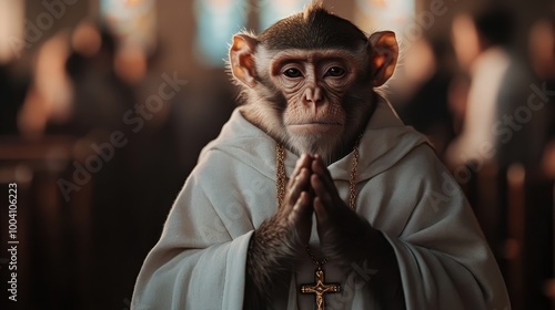 A peaceful monkey dressed as a monk, deeply engaged in prayer within a tranquil setting, representing meditation, faith, and spiritual tranquility. photo