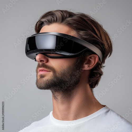 Young man with beard wearing sleek VR technology gear