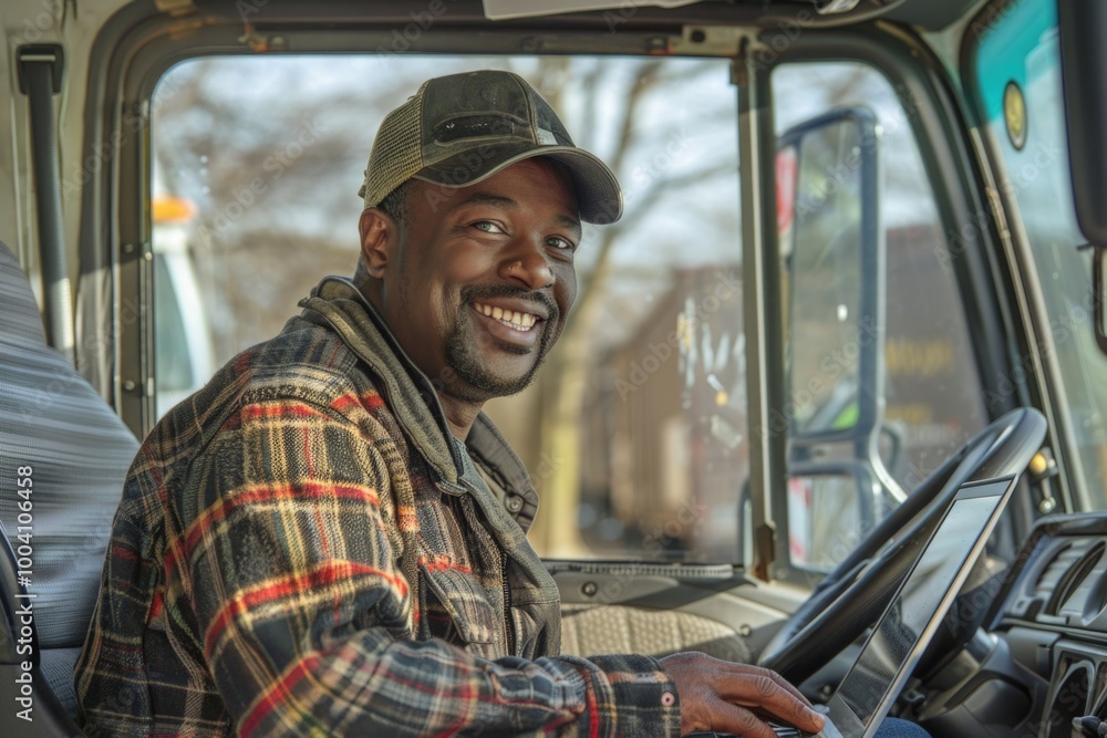 A man sits in the driver's seat of a truck, with a calm and focused expression A man sits in the driver's seat of a truck, with a calm and focused expression