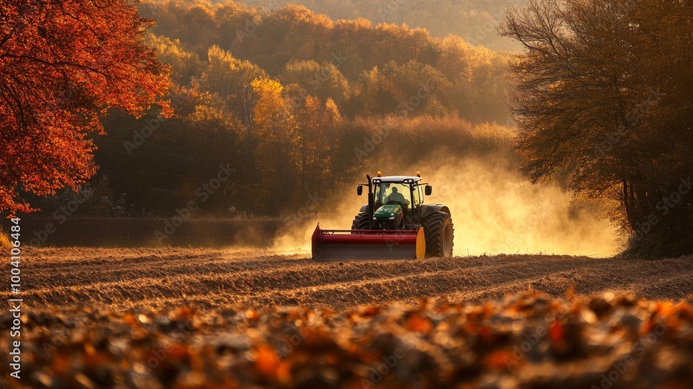Tractor Working a Field with Autumn Leaves in the Foreground Tractor Working a Field with Autumn Leaves in the Foreground