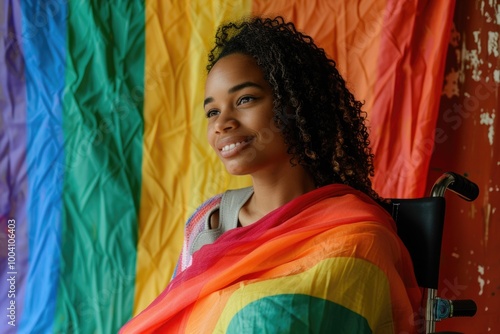 A person in a wheelchair wrapped in a colorful rainbow blanket, suitable for use in inclusive or disability-themed projects photo