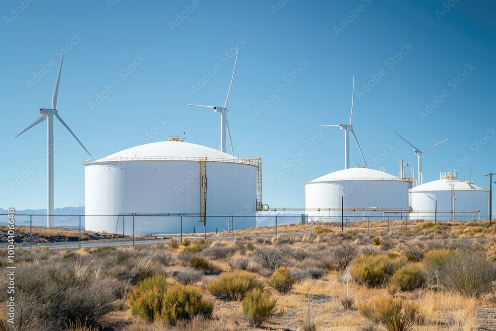 Row of white tanks in desert landscape Row of white tanks in desert landscape