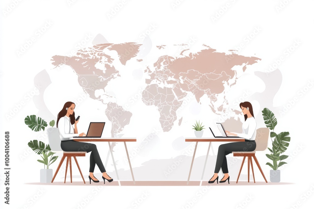 Business execs working at office with cityscape in the background, developers working in office, abstract illustrations surround, Stock illustration Business execs working at office with cityscape in the background, developers working in office, abstract illustrations surround, Stock illustration