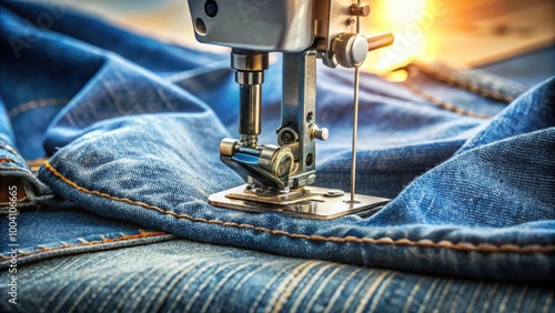 Darning denim jeans with a sewing machine in a creative DIY fashion workshop photo