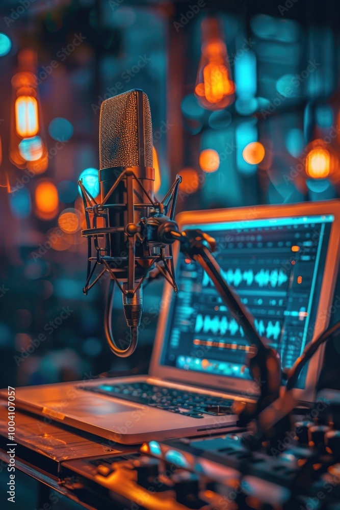 A laptop computer sitting next to a microphone on a desk, suitable for presentations or podcasting A laptop computer sitting next to a microphone on a desk, suitable for presentations or podcasting