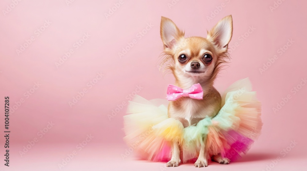 A small Chihuahua showcases its playful personality while wearing a vibrant tutu and a matching bow tie. The pet poses confidently against a soft pink backdrop, adding charm to the scene. A small Chihuahua showcases its playful personality while wearing a vibrant tutu and a matching bow tie. The pet poses confidently against a soft pink backdrop, adding charm to the scene.