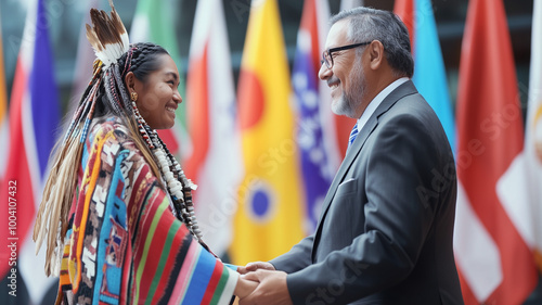 An international leader shaking hands with an indigenous rights activist in front of a backdrop of global flags during the Global Summit, symbolizing unity in combating minority crimes. Ai generated
