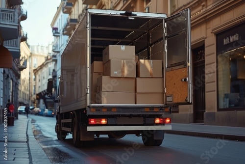 A delivery truck carrying boxes drives down a street, potential use for corporate or commercial settings