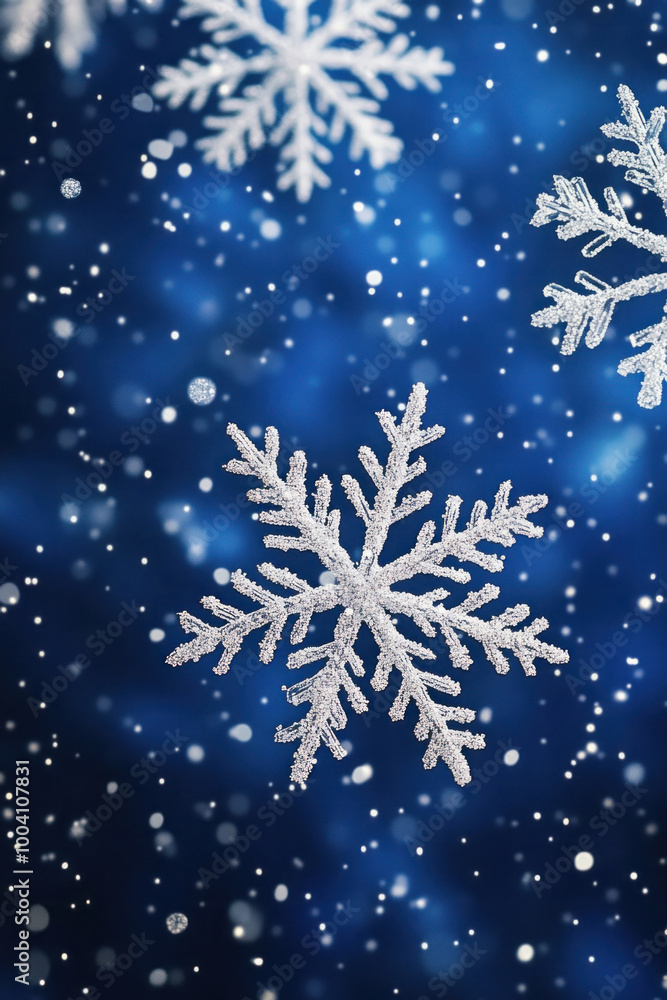 Silver snowflakes falling on a blue background with bokeh effect Silver snowflakes falling on a blue background with bokeh effect