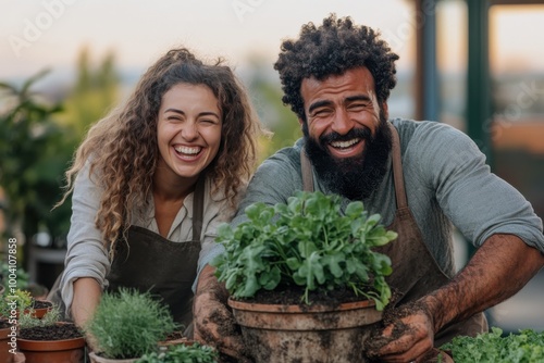 Wallpaper Mural Two gardeners joyfully display a green potted plant, symbolizing teamwork and enthusiasm for gardening, set in a natural and vibrant outdoor environment. Torontodigital.ca