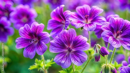 Vibrant purple geranium sanguineum cranesbill flowers blooming in summer garden