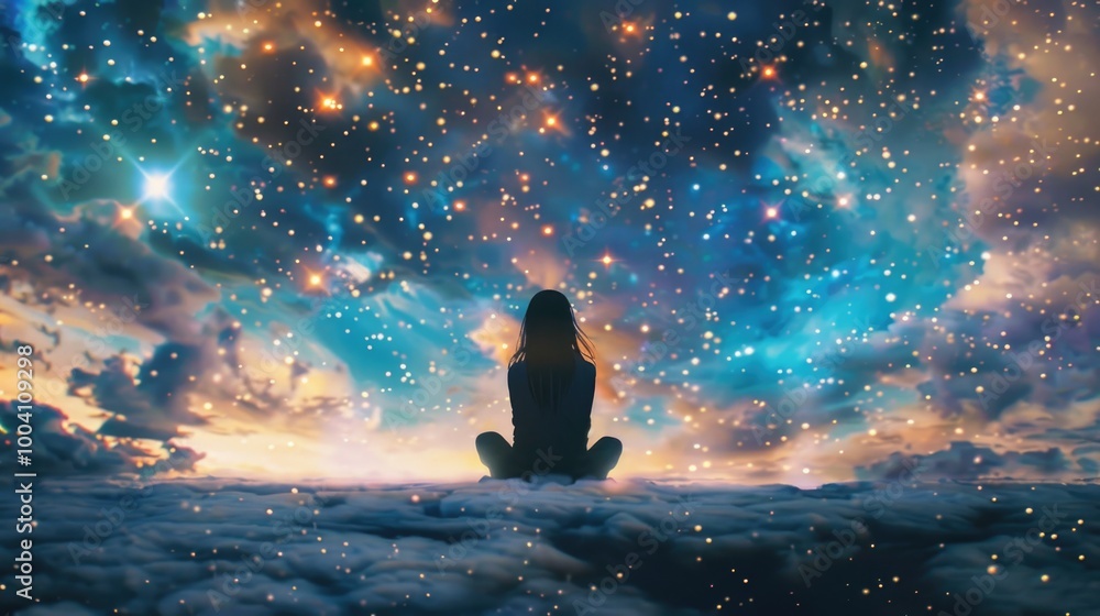 A woman sits on a fluffy white cloud, gazing up at the night sky filled with twinkling stars A woman sits on a fluffy white cloud, gazing up at the night sky filled with twinkling stars
