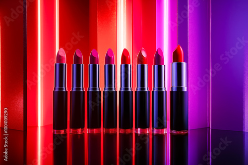 A row of lipsticks lined up in front of a red and purple background photo