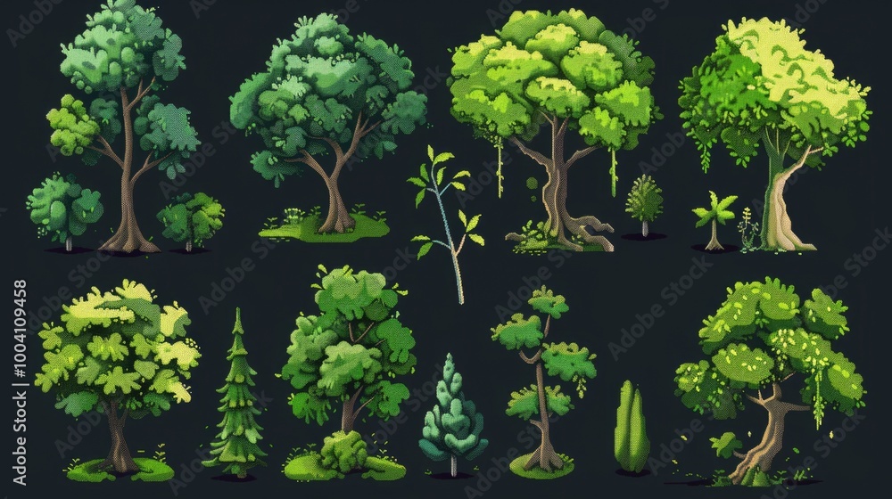 Colorful illustration of cartoon trees and bushes Colorful illustration of cartoon trees and bushes
