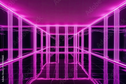 Vibrant 3D Neon Landscape with Pulsating Electric Strands on Shimmering Reflective Floors