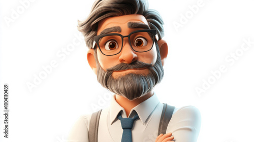 A friendly cartoon character with glasses and a beard, dressed in a formal outfit, suitable for various creative projects.