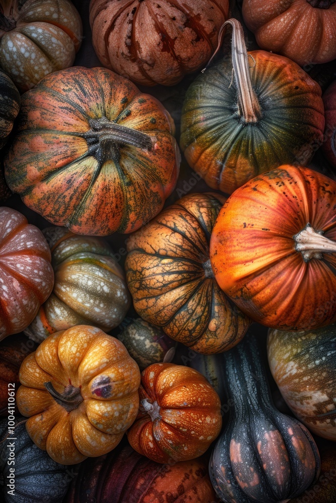 A collection of small pumpkins stacked on top of each other A collection of small pumpkins stacked on top of each other
