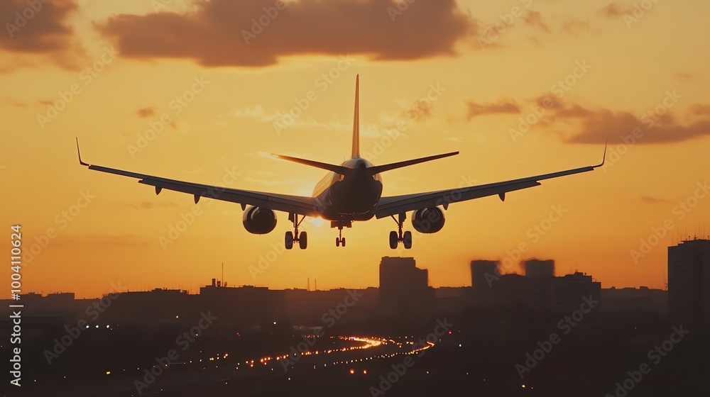 A plane lands on a runway at sunset. A plane lands on a runway at sunset.