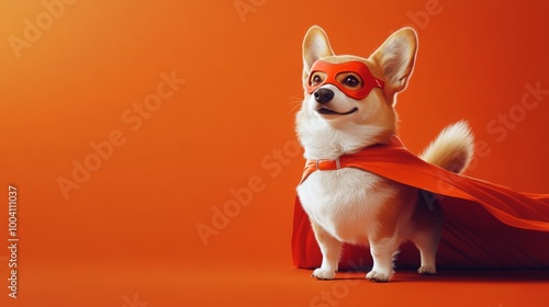 Fototapeta Naklejka Na Ścianę i Meble -  A courageous corgi adorned with a bright orange cape and mask poses proudly on a vivid orange background, showcasing its playful spirit and charm during a sunny afternoon.