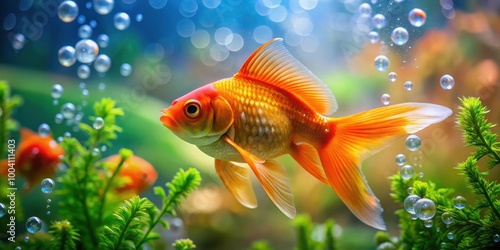 Vibrant orange goldfish swimming in a colorful aquarium with plants and bubbles