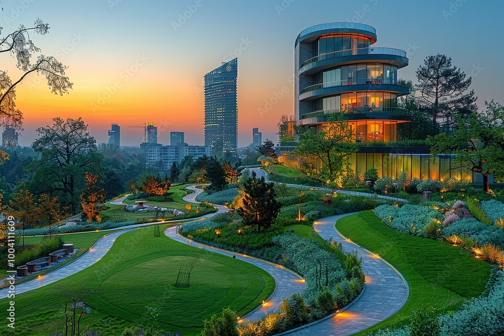 A city skyline with a large building in the background A city skyline with a large building in the background