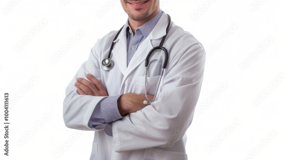 A medical professional examines a patient while wearing a lab coat and using a stethoscope A medical professional examines a patient while wearing a lab coat and using a stethoscope