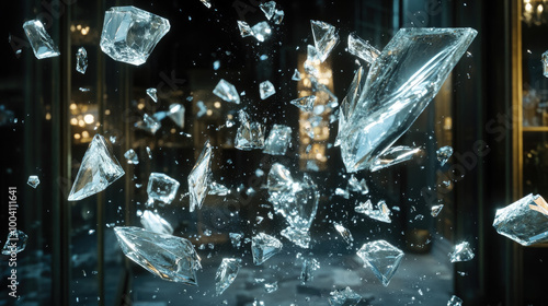 crystal transparent shards of glass from broken shop windows of old stores fly in different directions, Kristallnacht, night of broken glass photo