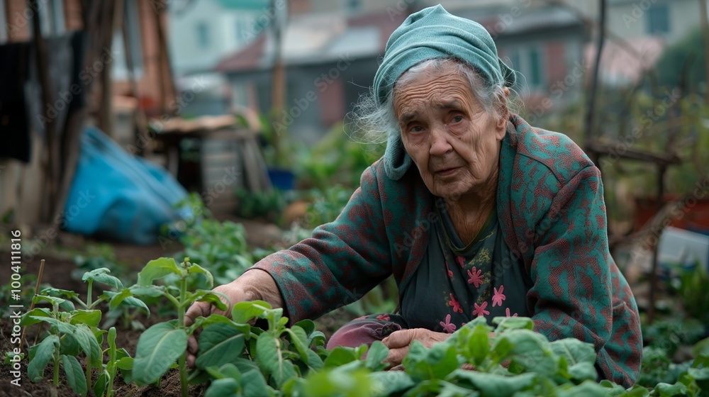 Fototapeta premium Elderly woman tending organic garden in urban setting