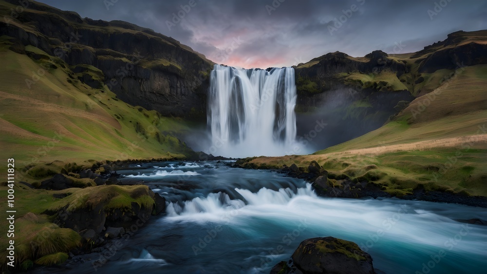 Fototapeta premium Waterfall in the mountains, Icelandic nature photo landscape, epic outdoor travel background
