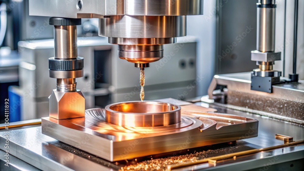 Sinker EDM machine simulating mold and die manufacturing process with copper electrode in detailed stock photo for electrode discharge machine operation concept Sinker EDM machine simulating mold and die manufacturing process with copper electrode in detailed stock photo for electrode discharge machine operation concept