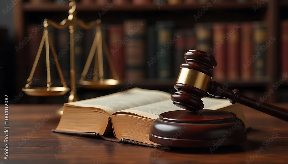 Judicial system and legal practice presented by a legal book with justice scale and gavel in a law library Judicial system and legal practice presented by a legal book with justice scale and gavel in a law library