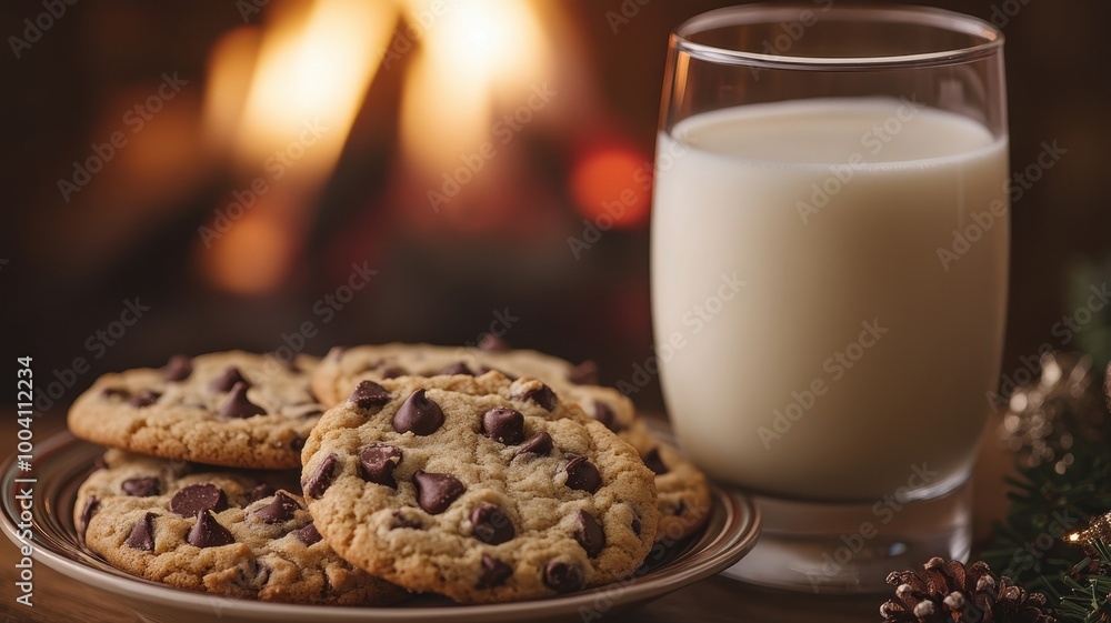 Milk and Cookies by the Fireplace, Cozy Winter Treat Milk and Cookies by the Fireplace, Cozy Winter Treat