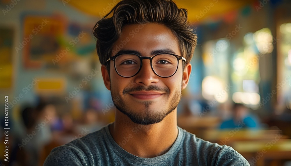 Fototapeta premium A smiling man with glasses and a beard poses for the camera, exuding warmth and friendliness. 