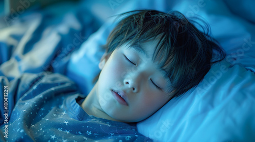 Plakat 気持ち良さそうに眠るアジア人の男の子の寝顔のクローズアップ