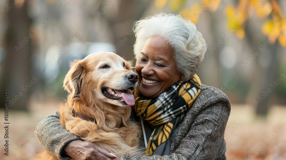 A woman hugs her dog in a park on a sunny day A woman hugs her dog in a park on a sunny day