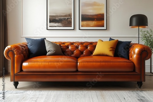 a stylish interiorscape showcases a mockup living room with a leather sofa and chic decor presented against a clean white background for a sophisticated look photo