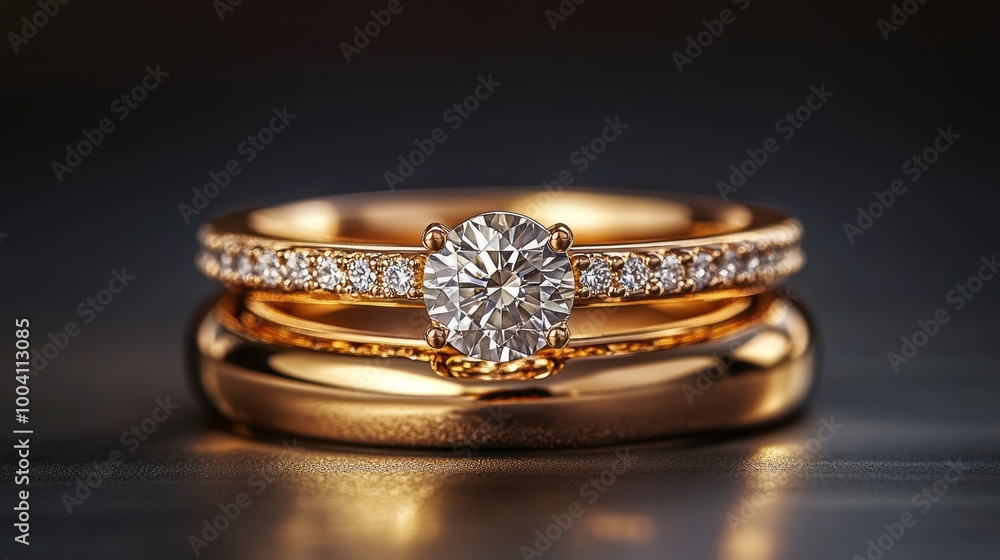 A gold and diamond ring with a diamond in the center A gold and diamond ring with a diamond in the center