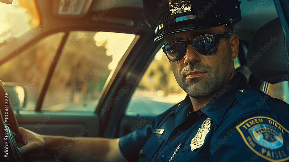 A handsome police officer drives a car with one hand on the steering wheel. A handsome police officer drives a car with one hand on the steering wheel.