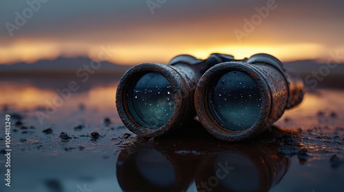 Rusty binoculars rest on a reflective wet surface, capturing raindrops and creating a sense of mystery and exploration as a scenic vista lies beyond. photo