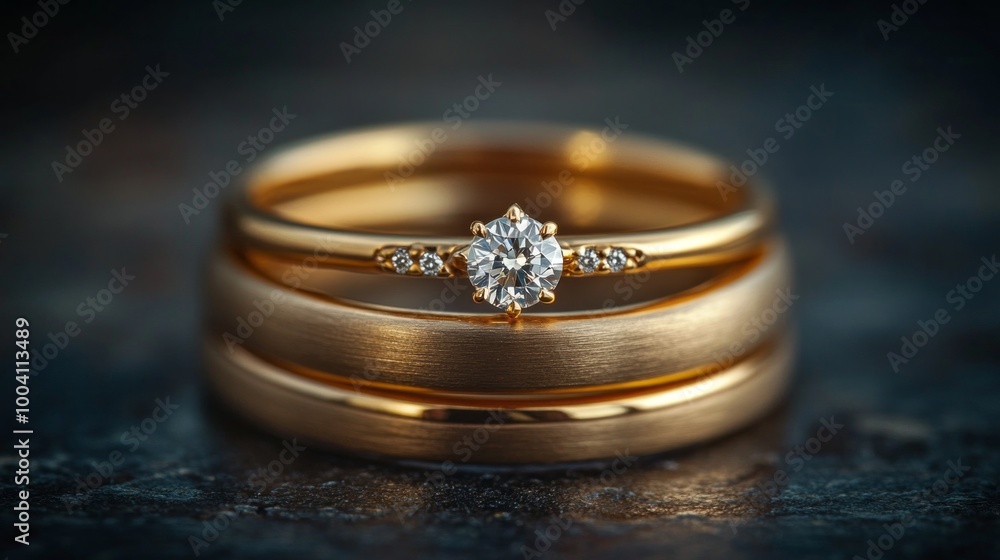 Three gold wedding rings with a diamond in the middle Three gold wedding rings with a diamond in the middle