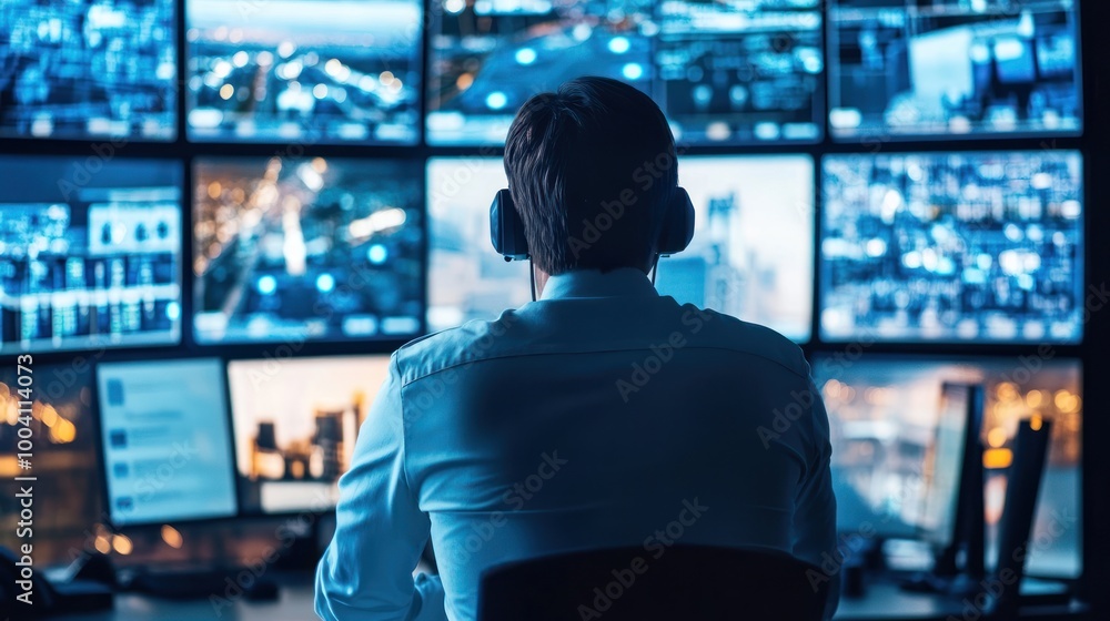 A person monitors multiple screens displaying cityscapes and data, suggesting surveillance. A person monitors multiple screens displaying cityscapes and data, suggesting surveillance.