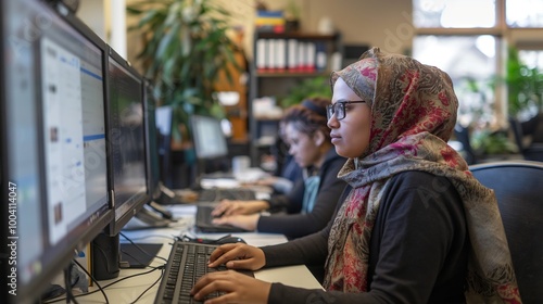 Focused refugee women in hijabs working at computers in a modern office environment