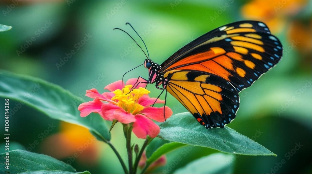 Fototapeta premium Butterfly on Pink Flower with Green Background