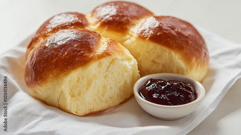 Japanese Milk Bread: Close-up of freshly baked Japanese milk bread on a clean white background, featuring a smooth crust and fluffy interior, paired with a small dish of butter and jam Japanese Milk Bread: Close-up of freshly baked Japanese milk bread on a clean white background, featuring a smooth crust and fluffy interior, paired with a small dish of butter and jam