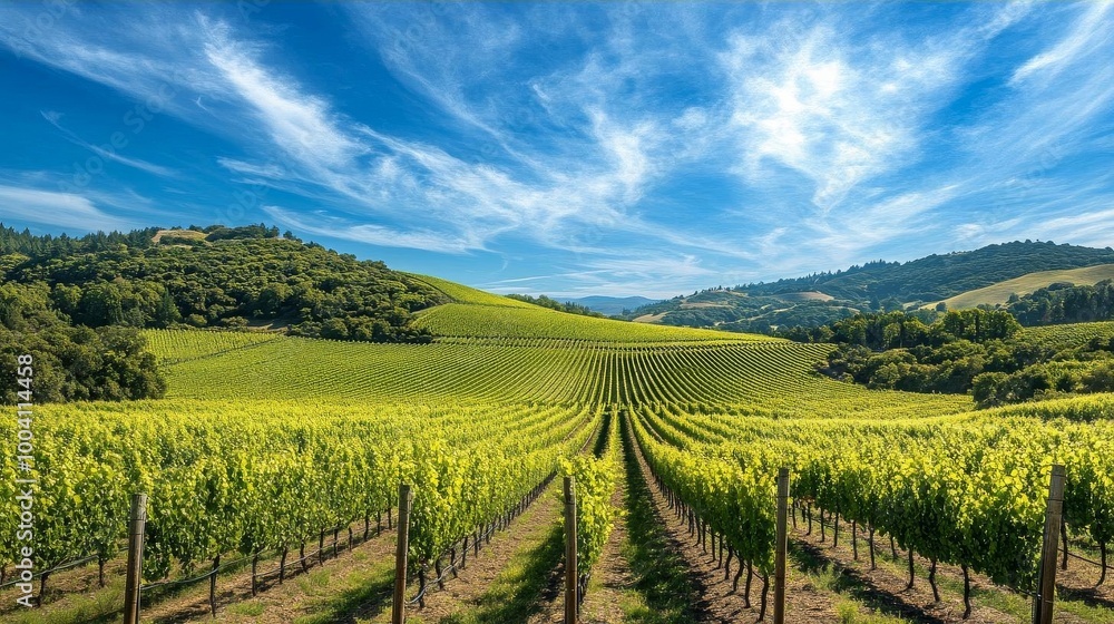Fototapeta premium Vineyard Landscape with Rolling Hills and Blue Sky
