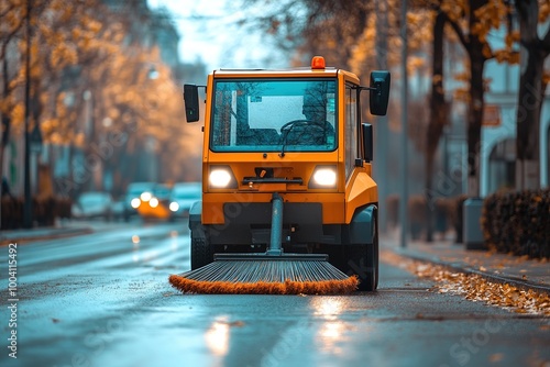 Street sweeper cleaning wet road on an autumn day with orange leaves and trees in the background photo