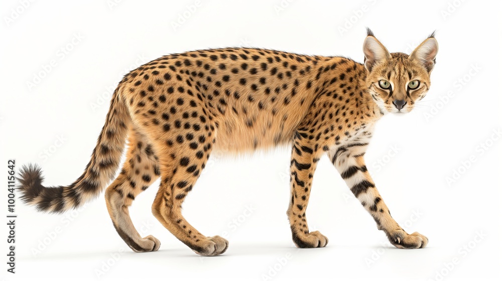 Graceful african serval cat with spotted fur on white background Graceful african serval cat with spotted fur on white background