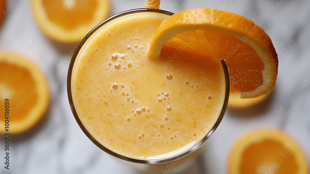 A vibrant orange fruit smoothie with slices of oranges and a hint of ginger. A vibrant orange fruit smoothie with slices of oranges and a hint of ginger.